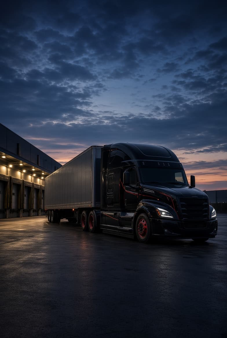 A Baloch Trucking LLC semi-truck at dusk