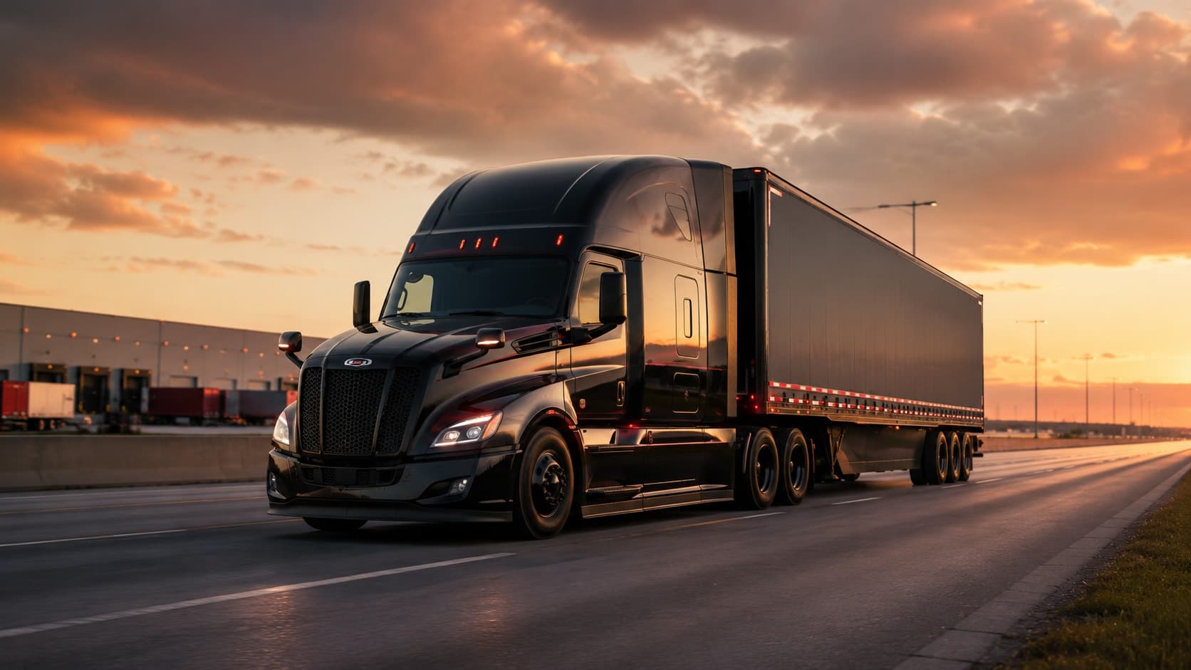 A Baloch Trucking LLC semi-truck and trailer on the highway at sunset